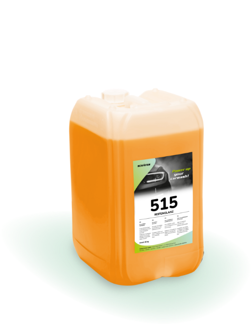 Orange Kanister mit Reifenpflegemittel, etikettiert als 515 Reifenglanz, vor weißem Hintergrund.