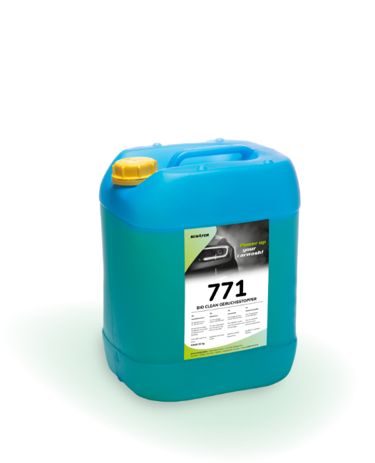 Blauer 25-Liter-Kanister mit gelbem Deckel, beschriftet als 771 Bio Clean Geruchsstopper für Autowaschanlagen.