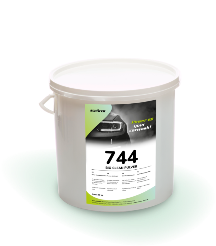 Plastikeimer mit 10 kg Bio Clean Pulver, Produkt 744, zur Autowäsche. Beschriftet mit Power up your carwash!