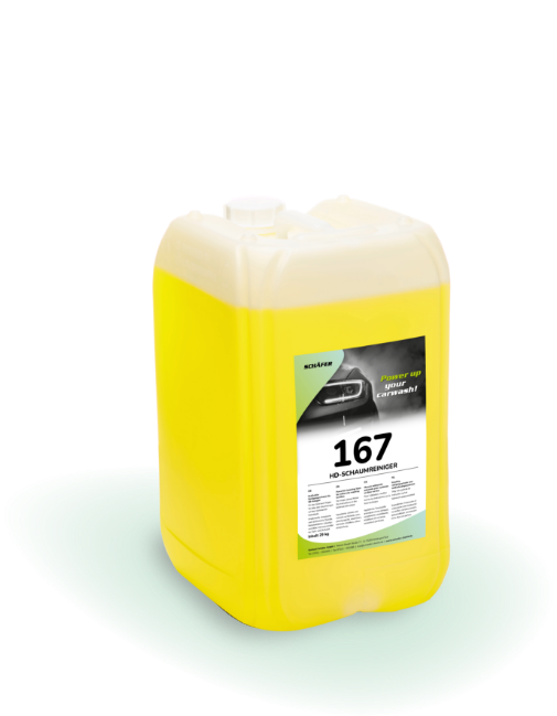 Gelber Kanister mit Etikett „167 HD-Schaumreiniger“ für professionelle Autoreinigung, 20 Liter Volumen.