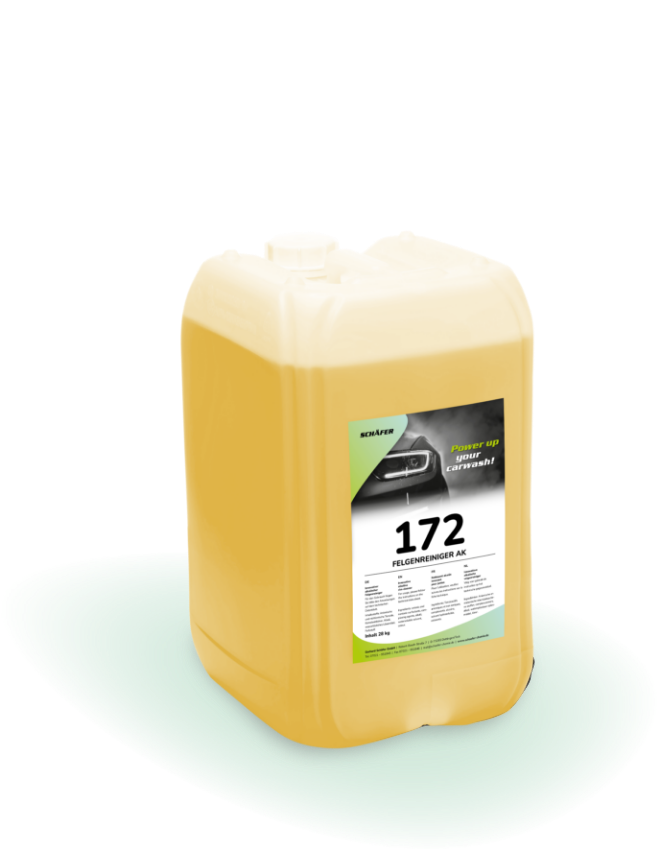 Gelber Kanister mit Etikett „172 Felgenreiniger AK“, Produkt für Autowaschservice.