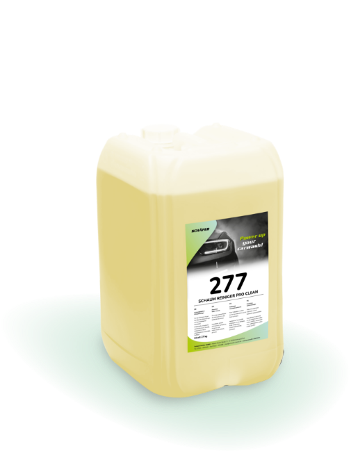 Ein Kanister Schaumreiniger Pro Clean 277, beige Flüssigkeit, beschriftet mit Autopflegehinweisen und Herstellerangaben.
