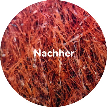 Nahaufnahme von rötlichen Haarsträhnen mit Text Nachher überlagert.