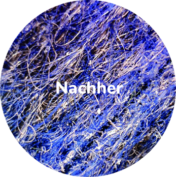 Fasern unter Mikroskop in Blau mit Text Nachher in der Mitte.
