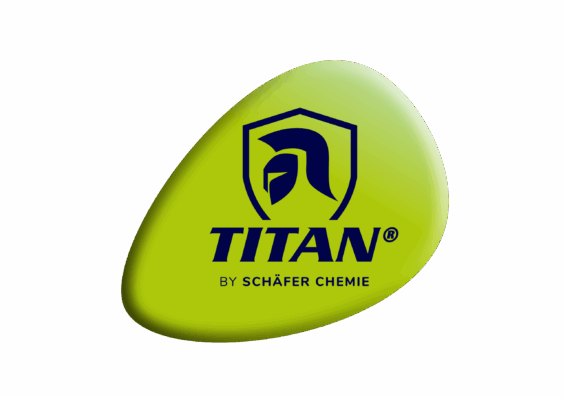 Grünes Logo mit blauem Helm und Schriftzug Titan by Schäfer Chemie auf schwarzem Hintergrund.