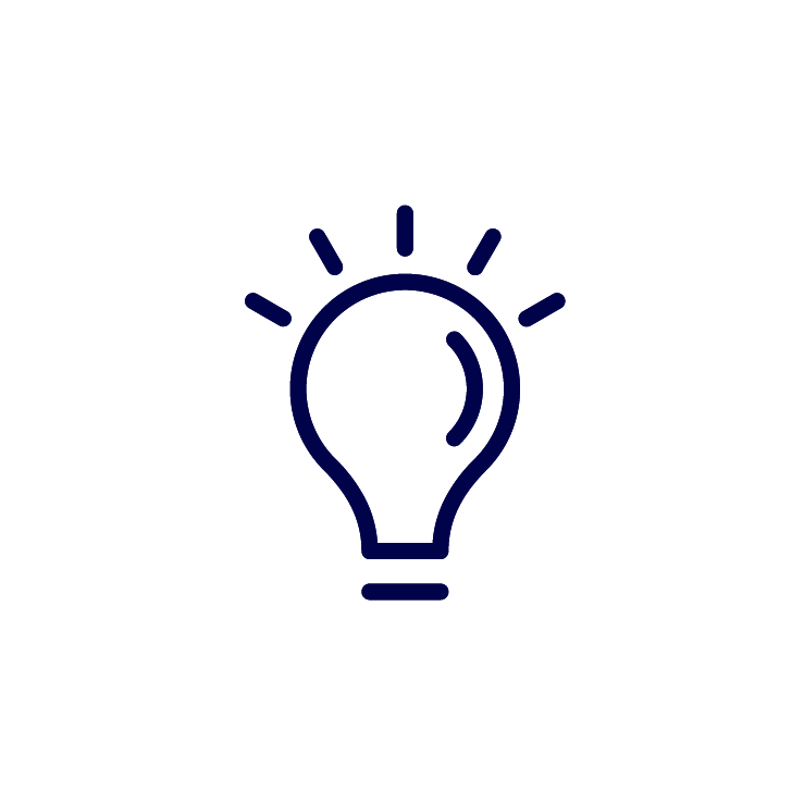 Icons-Schäfer – Wir produzieren für sie – dunkelblau-01 Ikon einer Glühbirne mit kurzen Strahlen, die Kreativität oder Idee symbolisiert, auf weißem Hintergrund.