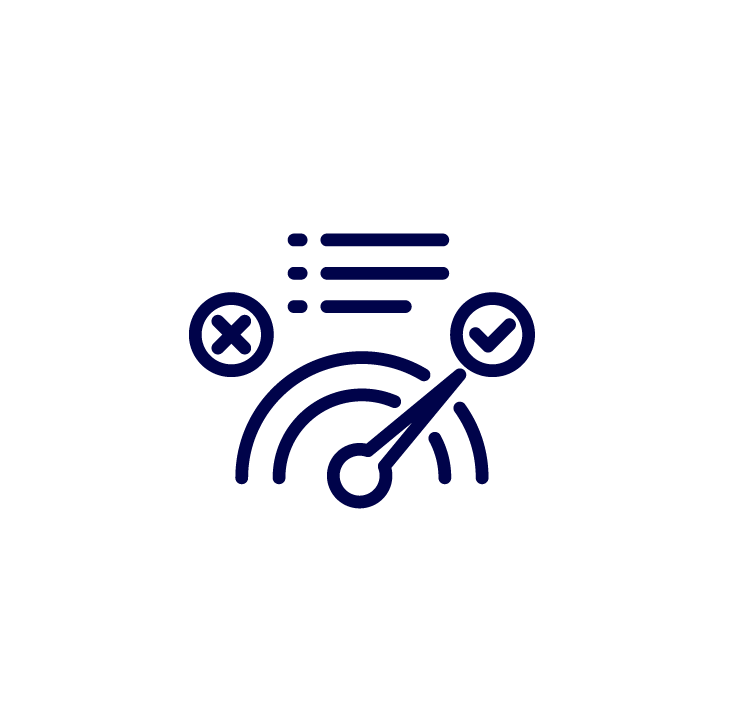 Icons-Schäfer – Wir produzieren für sie – dunkelblau-03 Gauge mit Nadel auf grünem Bereich, daneben Häkchen und Kreuz, symbolisiert Bewertung oder Status.