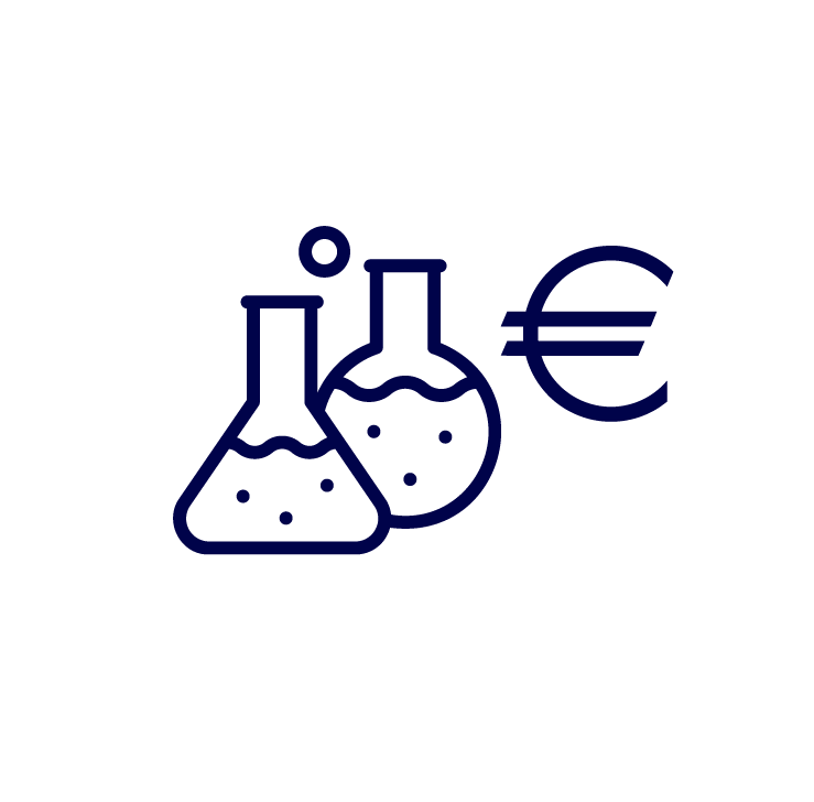 Icons-Schäfer – Wir produzieren für sie – dunkelblau-04 Laboratorienkolben neben einem Euro-Symbol, symbolisiert Forschungskosten oder wissenschaftliche Investitionen.