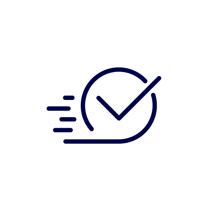Icons-Schäfer – Wir produzieren für sie – dunkelblau-05 Ikon eines blauen Häkchens in einem Kreis, umgeben von Linien, die Geschwindigkeit symbolisieren.