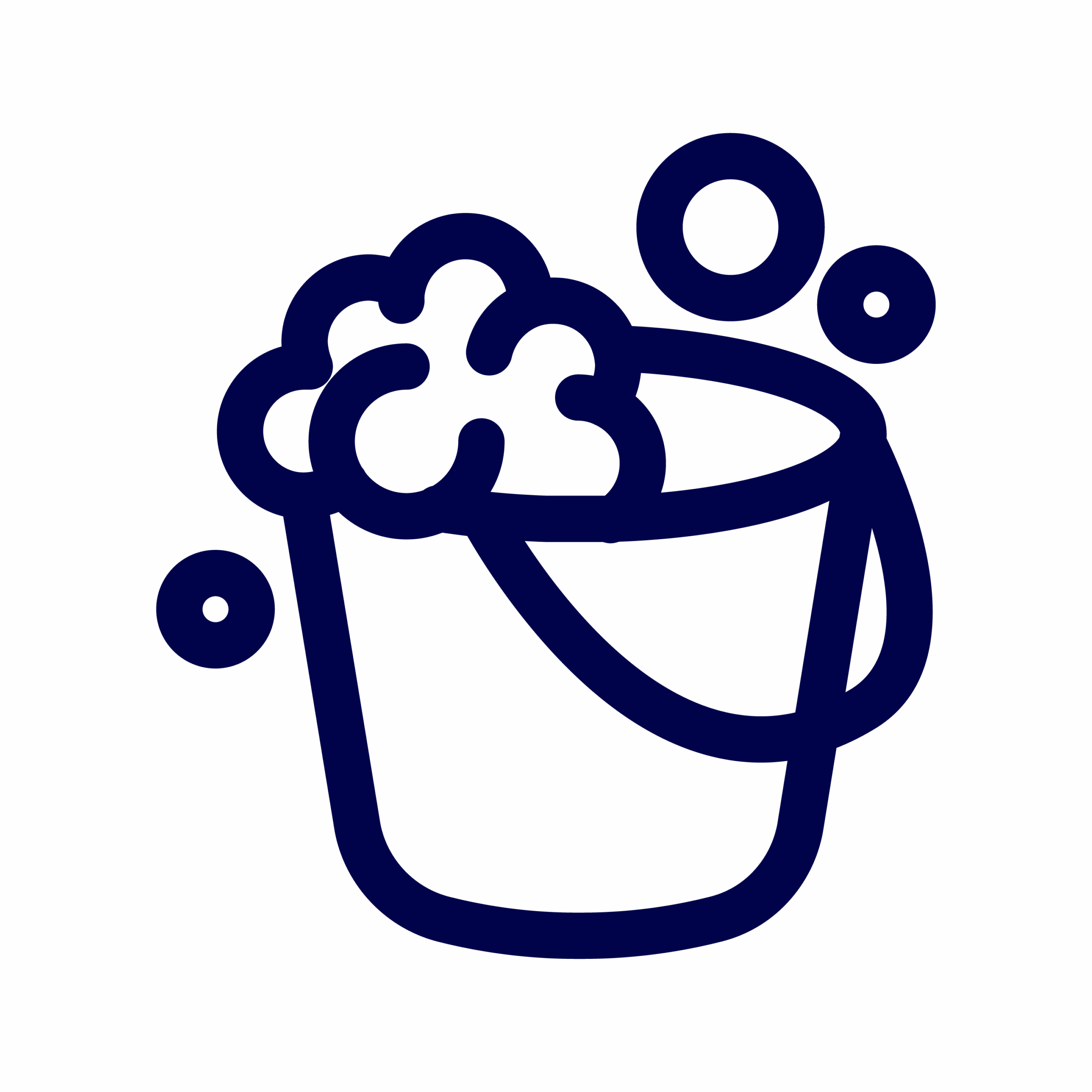 Ein blaues, einfaches Symbol eines Eimers mit Schaum und Blasen, das Reinigung darstellt.